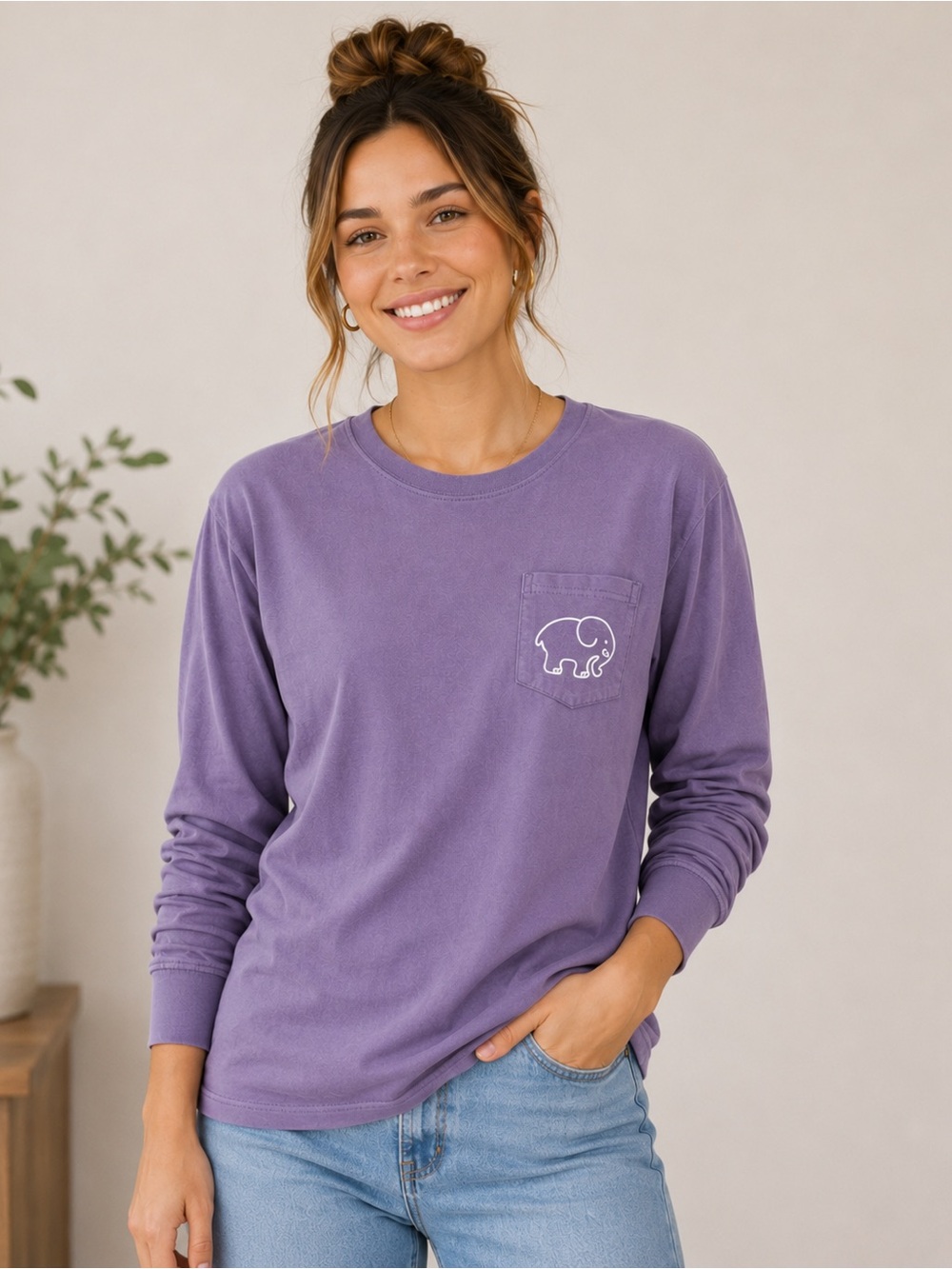 Ivory Ella Purple Long Sleeve Pocket Tee Large | 100% Cotton Elephant Graphic